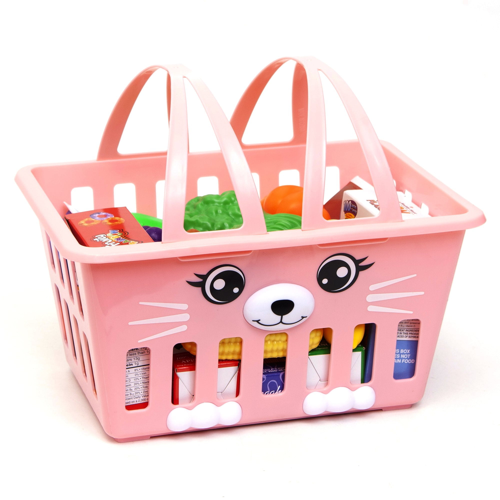 Zoo Troop: Kitty Basket - Pink Cat Basket Playset With 16 Pcs Of Play Food & 7 Pcs Food Boxes, Kitchen Pretend Play, Toy Kids Ages 2+
