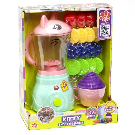 Zoo Troop: Kitty Smoothie Maker - 19 Pieces - Animal Themed Kitchen Playset, Battery Operated Toy Appliance, Food & Cooking Accessories, Kids Ages 2+