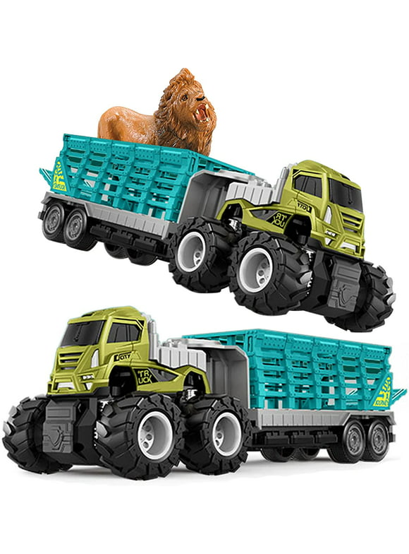 Zoo Truck Monster Trucks for Boys Friction Powered Toy Cars Push and Go Vehicles Animal Transporter Toy with1 Lion Figurine for Kids