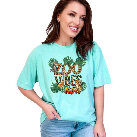 Zoo Vibes T-Shirt, Cute Animal Print Tee, Giraffe Monkey Leopard Design, Trendy Graphic Top, Fun Casual Shirt, Safari Inspired Clothing, Chalky Mint Comfort Colors T-Shirt, Medium