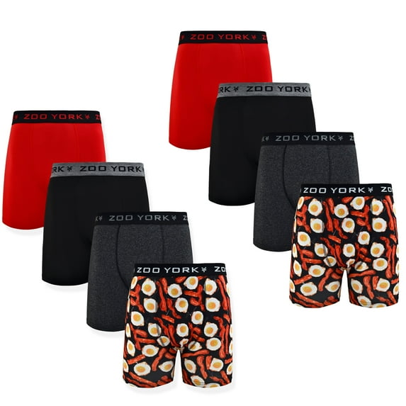 Zoo York Men's 8-Pack 360 Stretch Boxer Briefs - Printed & Solid Color Premium Underwear for Men in Bacon N Eggs, Red, Dark Grey, Black Size: M
