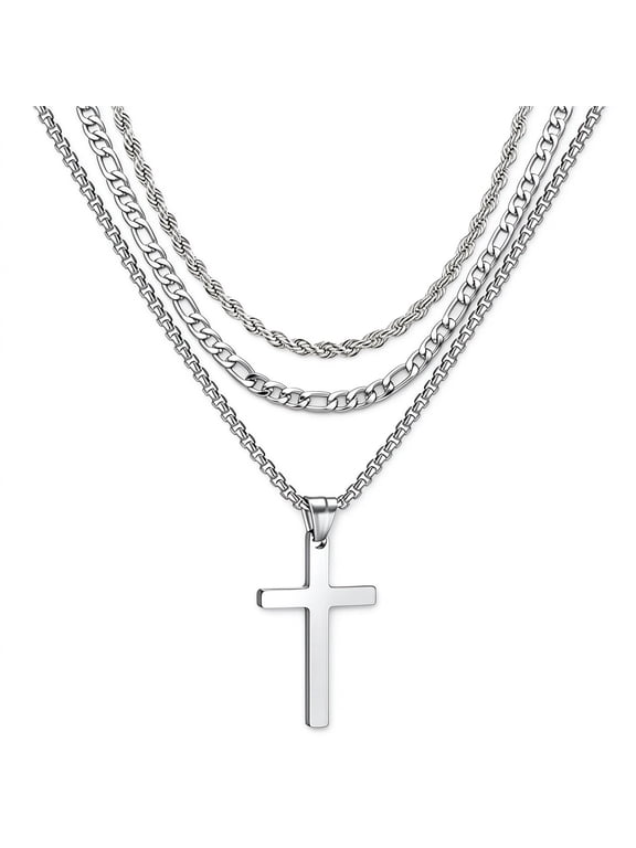 Men's 3 Layer Stainless Steel Cross Pendant Necklace, Stackable Silver Chain Necklaces, Multi-Strand Religious Jewelry for Guys