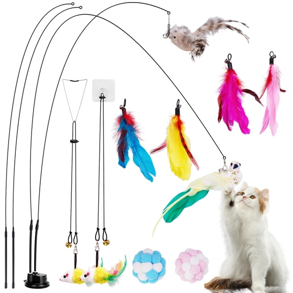 ZooZoo 14PCS Interactive Cat Feather Toy Set for Indoor Cats, Active Play Kit with Door Hanging Toy, Double-Sided Suction Cat Wand with Feathers, Mice& Fur Balls, Encourages Hunting, Jumping, Chasing