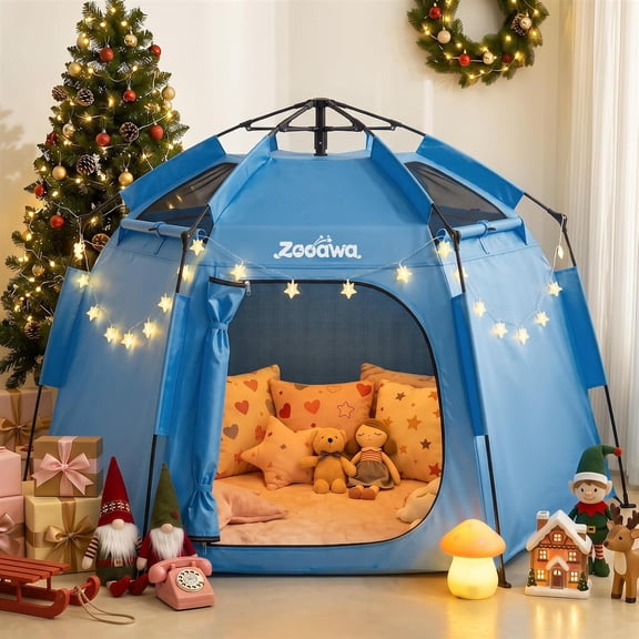 Zooawa Extra Large Kids Play Tent with LED Strip Lights Pop Up Playpen, Blue