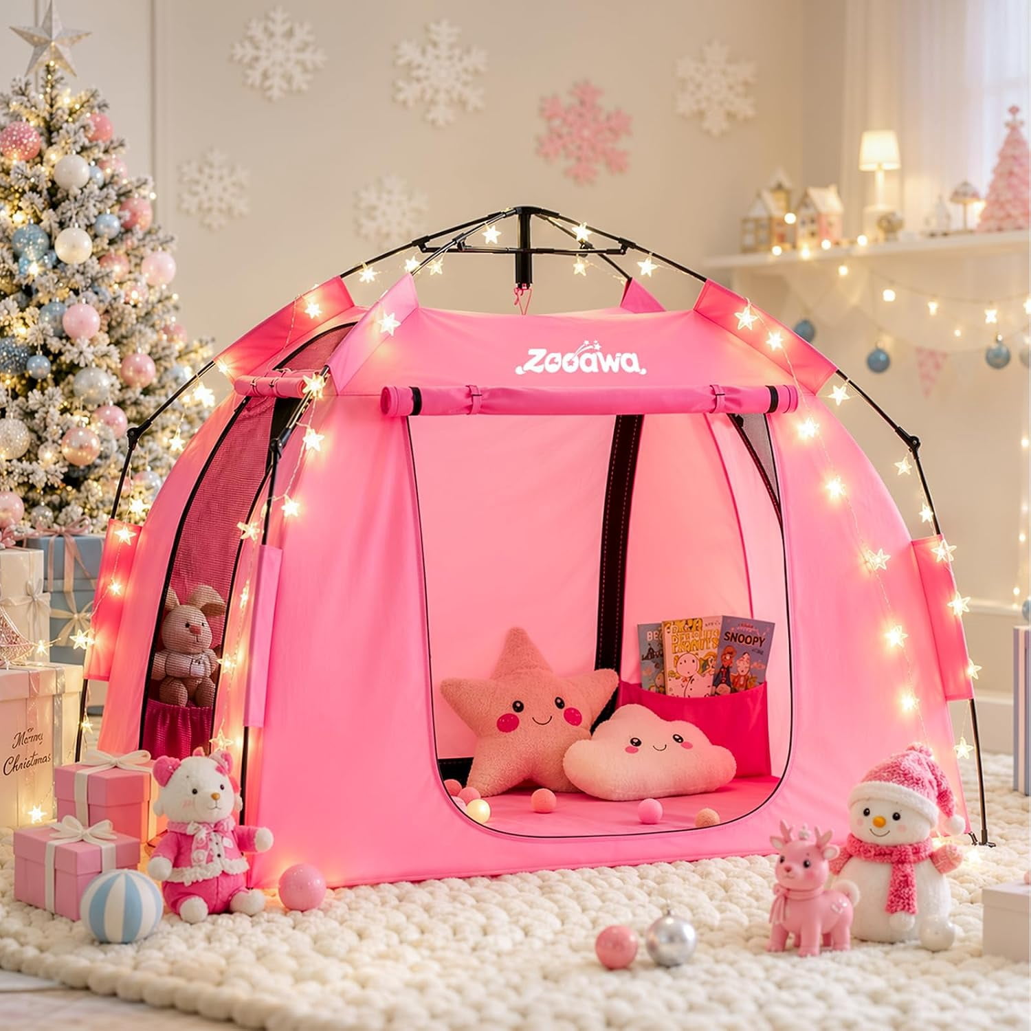 Zooawa Large Kids Play Tent with LED Strip Lights Pop Up Playpen Indoor ...