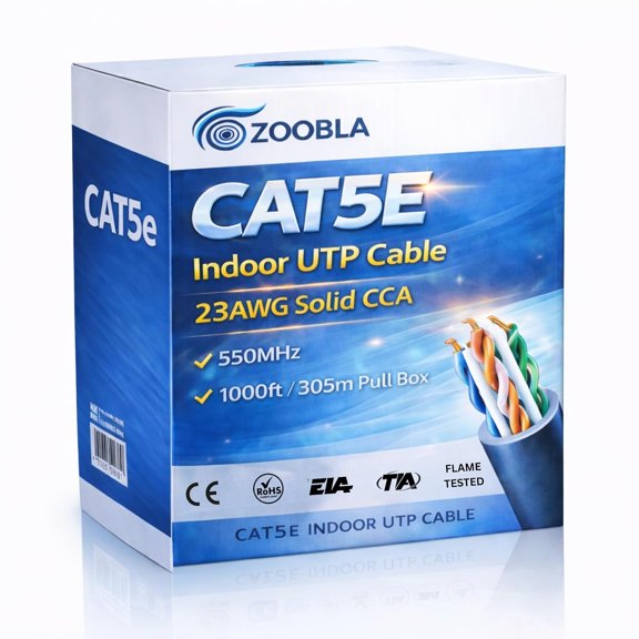 Zoobla | Cat5e Ethernet Cable 1000ft (305m)  23AWG Solid CCA UTP, 550MHz Indoor LAN Network Cable for Router, Switch, Gaming, Patch Panel, IP Camera & PoE  Pull Box