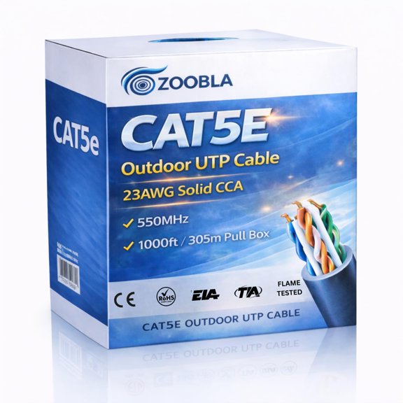 Zoobla | Cat5e Ethernet Cable 1000ft (305m), 23AWG Solid CCA UTP Bulk Network Cable, 550MHz Outdoor LAN Wire with Pull Box, Compatible with Router, Switch, Patch Panel, IP Camera & PoE