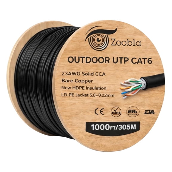 Zoobla | Cat6 Outdoor Ethernet Cable 1000ft (305m), 23AWG Solid CCA UTP, Weatherproof LAN Cable on Wooden Reel for PoE, IP Camera & Network Installations