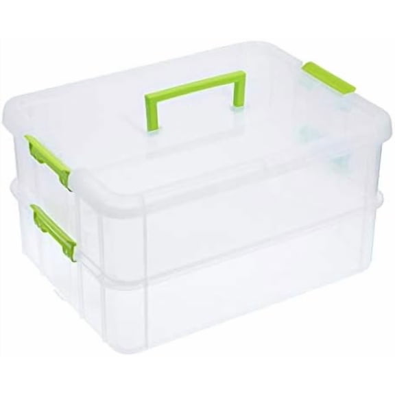 Zooblu 2 Layer Stack & Carry Box, Plastic Multipurpose Portable Storage Container Box Handled Organizer Storage Box for Organizing Stationery, Sewing, Art Craft, and Beauty Supplies Green