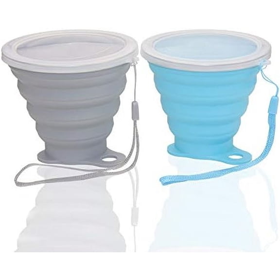 Zooblu Silicone Collapsible Cups for Camping Travel, Small Portable Drinking Cup with Lids Reusable for Outdoor Hiking 270ml (Blue/Gray, 2 Pack)