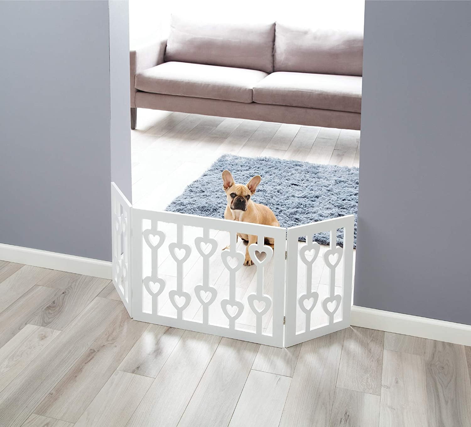 White Wooden Hearts Design Freestanding Pet Gate, 47" Wide