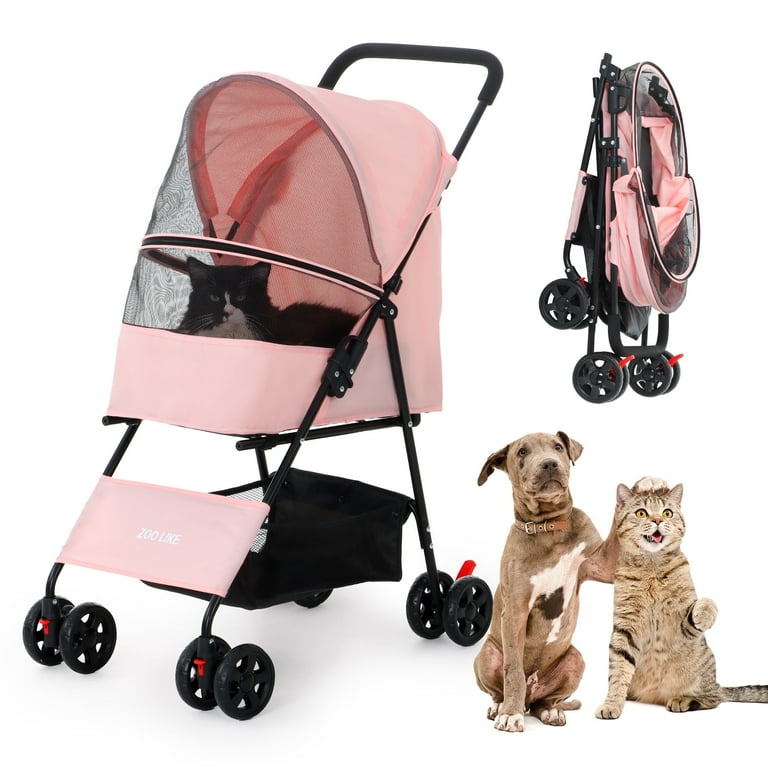 Zoolike Pet Stroller Cat Dog Cage Stroller Travel Folding Carrier Foldable Carrier Strolling Cart for Small Medium Dog with Storage Basket Pink Walmart