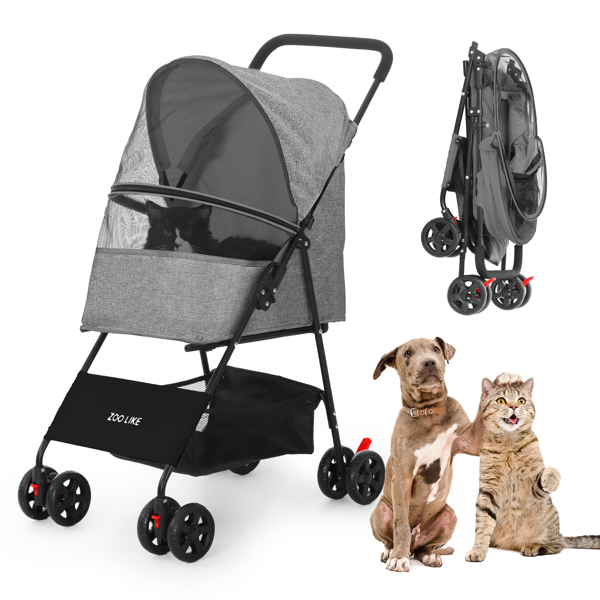 ZOOLIKE 4-Wheeled Foldable Pet Stroller, Travel Carrier for Cats