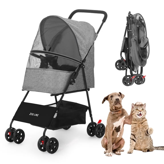 ZOOLIKE Pet Stroller for Cats and Dogs, 4-Wheeled Foldable Travel Carrier with Storage Basket, Gray