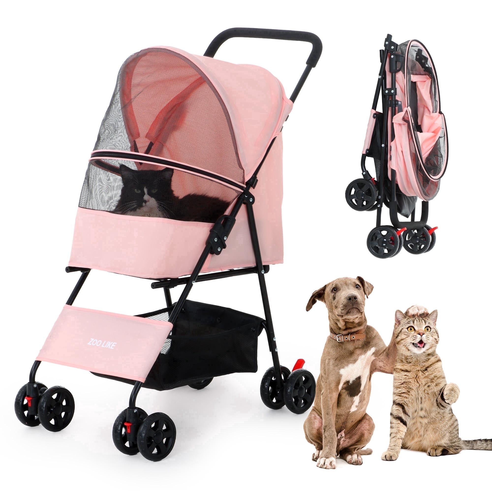 ZOOLIKE Pet Stroller for Cats and Dogs, 4-Wheeled Foldable Travel Carrier with Storage Basket, Pink