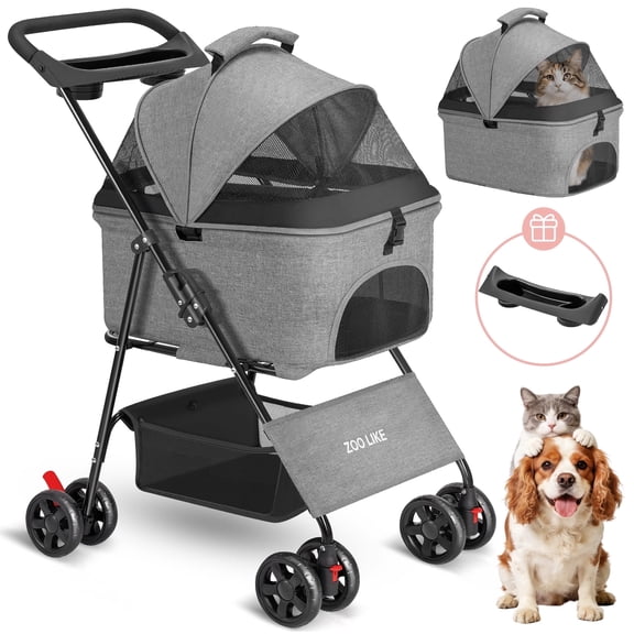 Zoolike 3 in 1 Pet Stroller for Dogs and Cats,4 Wheel Foldable Stroller with Detachable Carrier&Storage Basket,Grey