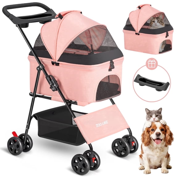 Zoolike 3 in 1 Pet Stroller for Dogs and Cats,4 Wheel Foldable Stroller with Detachable Carrier&Storage Basket,Pink