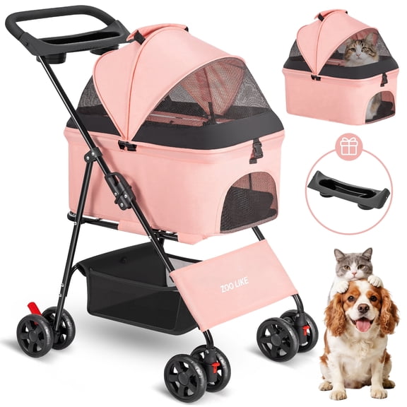 Zoolike 3 in 1 Pet Stroller for Dogs and Cats, 4 Wheel Foldable Stroller with Detachable Carrier&Storage Basket,Pink