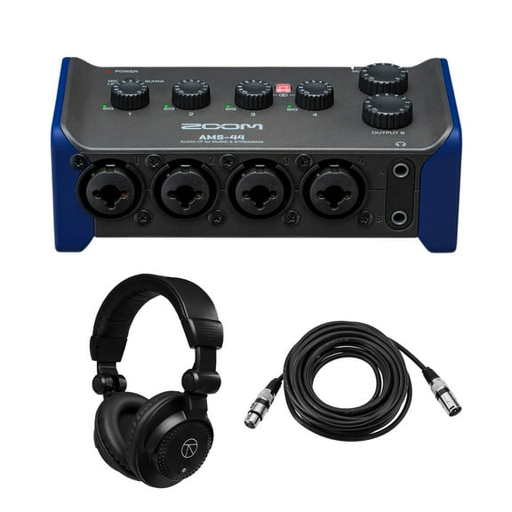 Zoom AMS-44 4x4 USB Audio Interface, Bundle with TAPH100 Monitor Headphones and 25' Value Series XLR Cable
