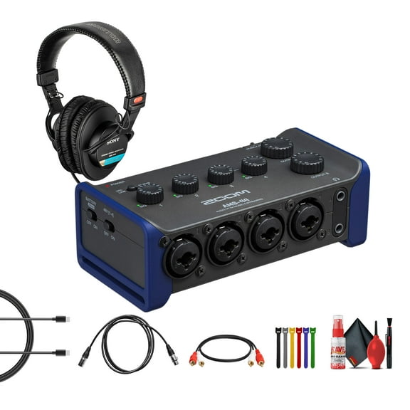 Zoom AMS-44 USB Audio Interface, 4 Inputs, 4 Outputs, Direct Monitoring, for Recording and Streaming on PC, Mac, iOS, and Android Bundle With MDR-7506 Professional Stereo Headphones + More
