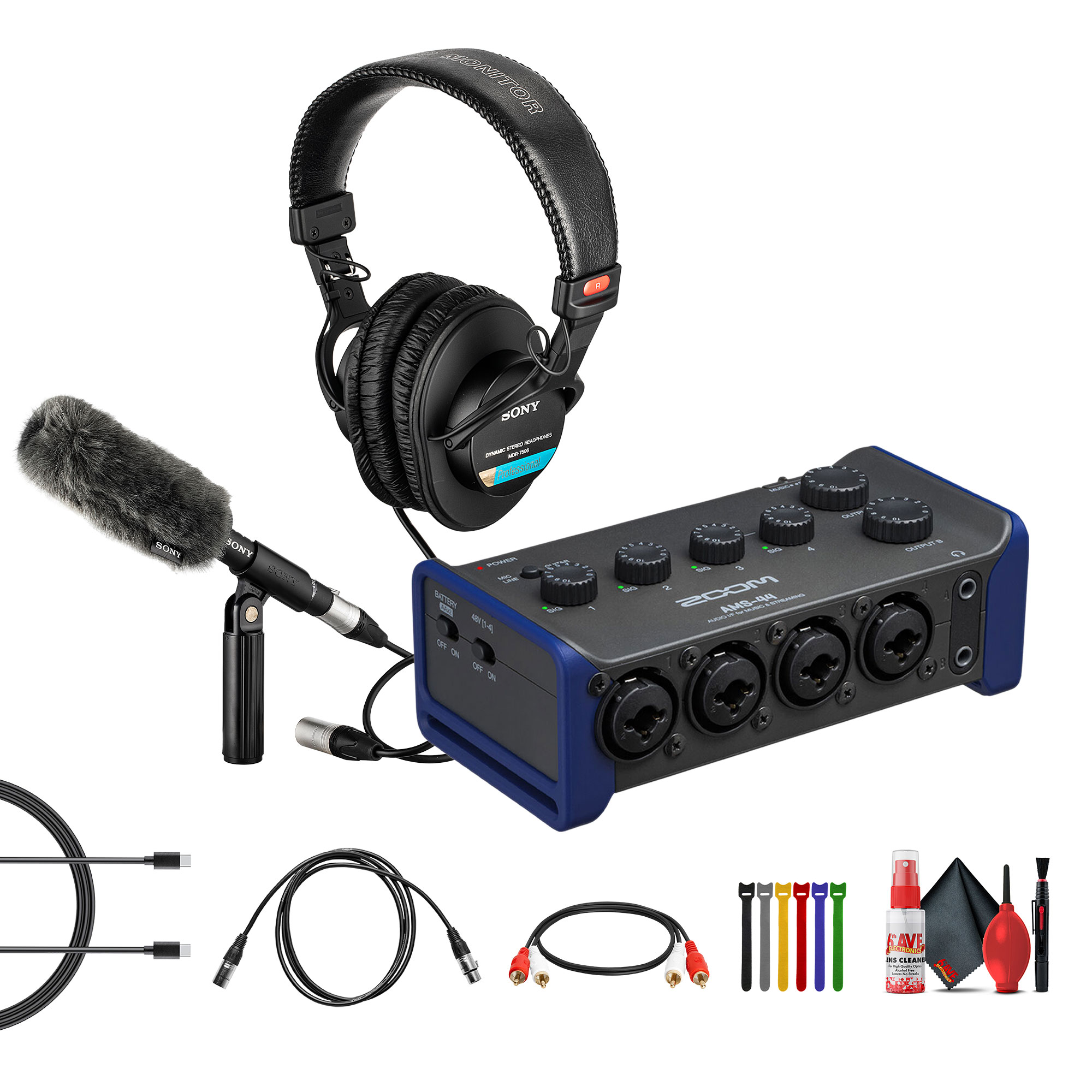Zoom AMS-44 USB Audio Interface, 4 Inputs, 4 Outputs, for Recording and Streaming Bundle With ECM-VG1 Electret Condenser Microphone + MDR-7506 Professional Stereo Headphones + More