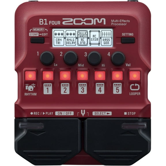 Zoom B1 FOUR Bass Guitar Multi-Effects Processor Pedal, With 60+ Built-in effects, Amp Modeling, Looper, Rhythm Section, Tuner, Battery Powered