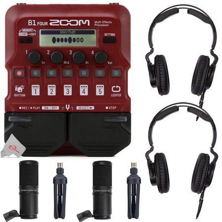 Zoom B1 Four Electric Bass Effects Processor with 2x Zoom ZDM-1 Podcast Mic Pack Accessory Bundle