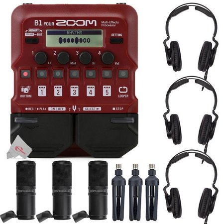 Zoom B1 Four Electric Bass Effects Processor with 3x Zoom ZDM-1 Podcast Mic Pack Accessory Bundle