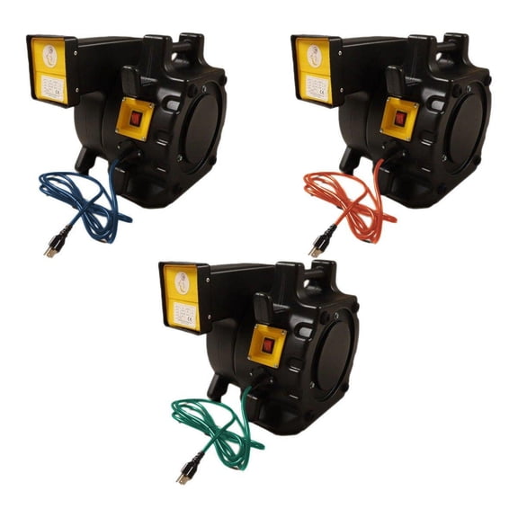 Zoom Blowers LTE 1HP, 1.5HP, 2HP Inflatable Bounce House Blower Stackable Trio Bundle for Jump Castles & Water Slides, Color-Coded 25FT Power Cord