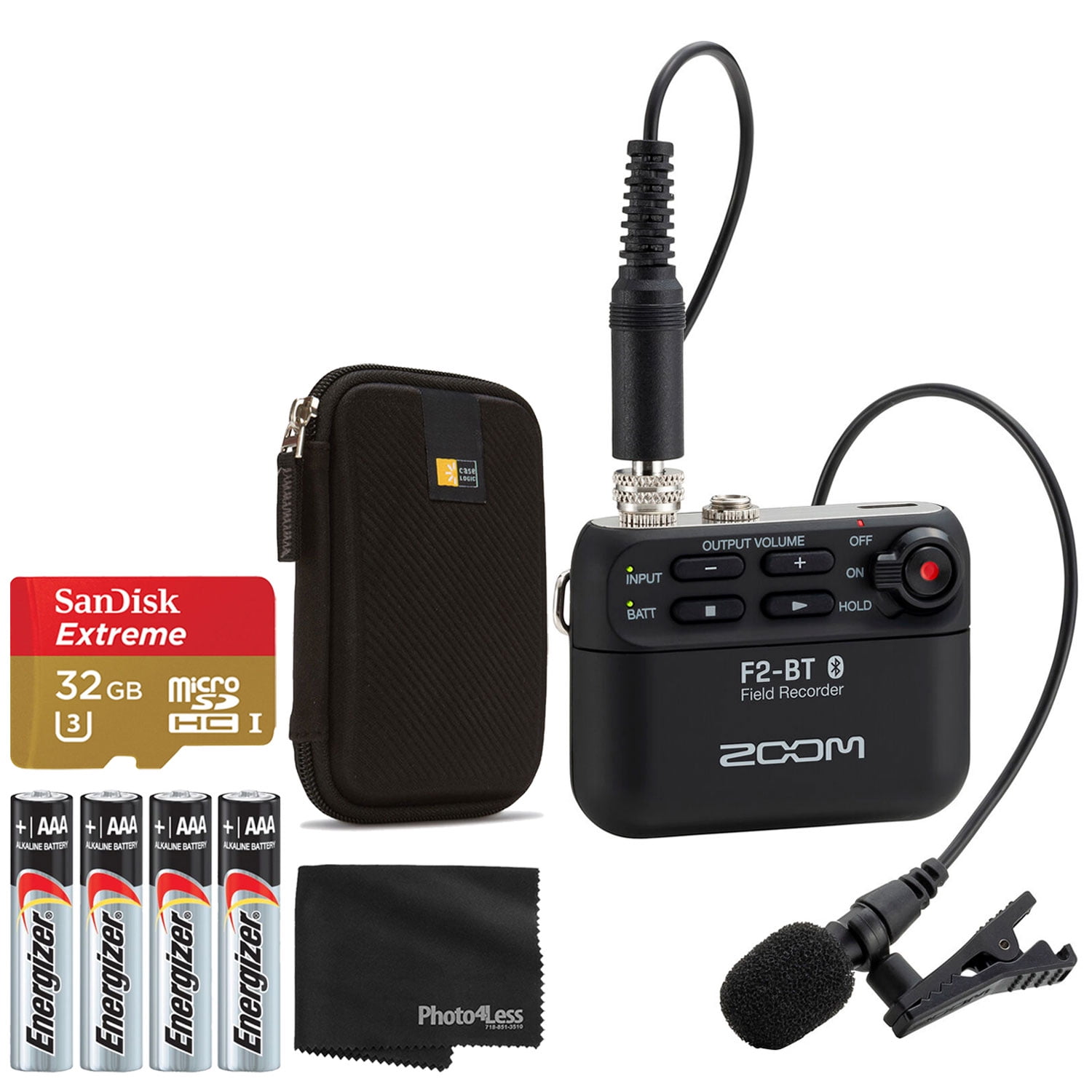 Zoom F2-BT Ultracompact Bluetooth-Enabled Portable Field Recorder with Lavalier Microphone + 128GB microSDXC Memory Card + AAA Alkaline Batteries + Portable Case - Deluxe Bundle