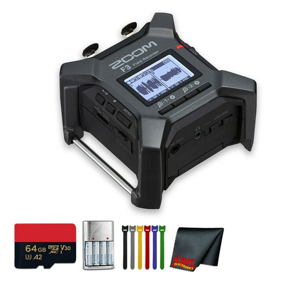 Zoom F3 2-Input / 2-Track Portable Field Recorder Bundle With BTA-1 Bluetooth Adapter + Microfiber Cleaning Cloth + Memory Card microSDXC Pro 64GB + 6 Pack Wire Straps