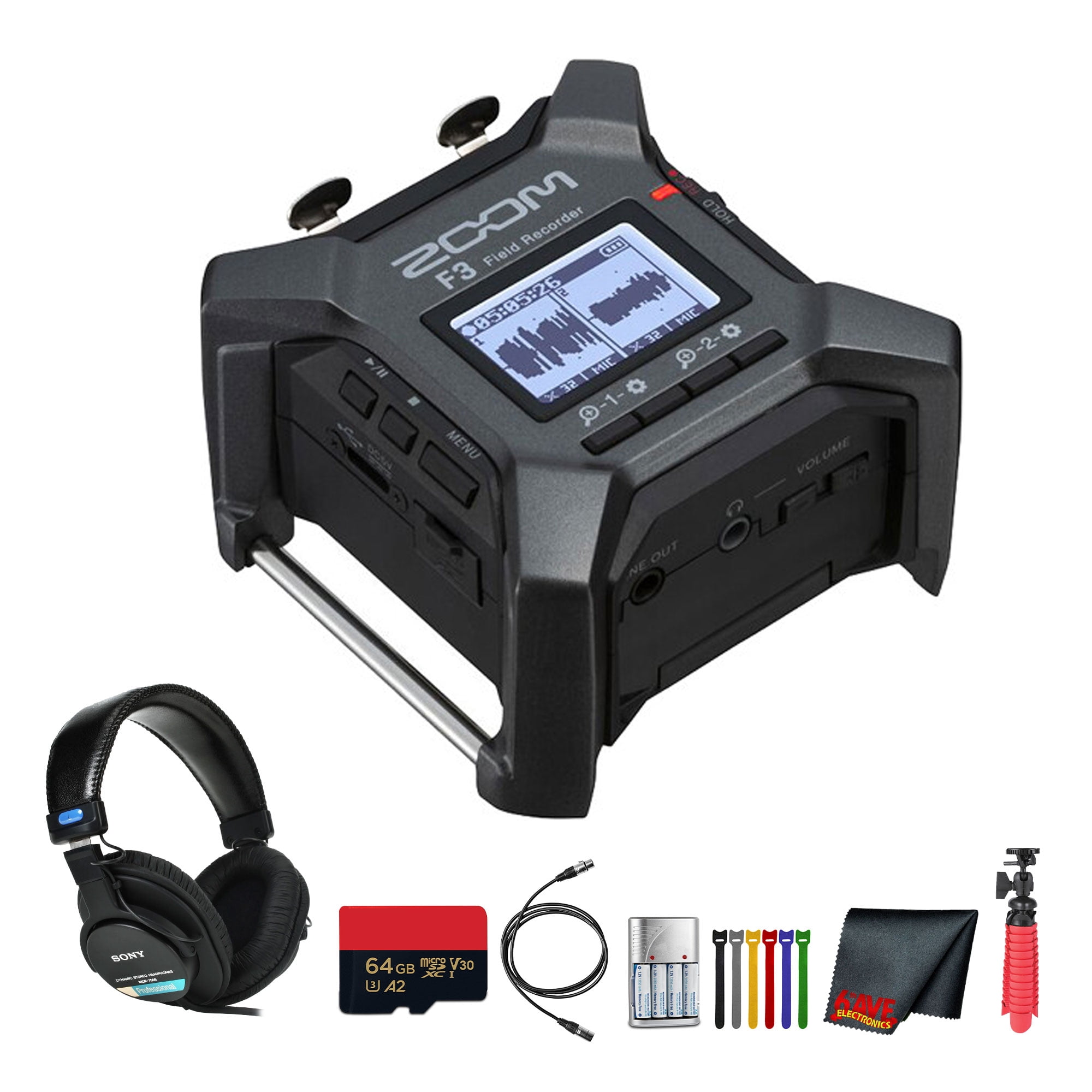 Zoom F3 2-Input / 2-Track Portable Field Recorder Bundle With BTA-1 Bluetooth Adapter + MDR-7506 Professional Stereo Headphones + More