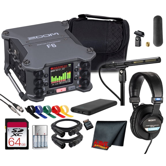 Zoom F6 Compact Production Sound Recorder, 6-Channel 32-Bit Float Multitrack, Timecode Reader/Generator & Field Mixing Features Bundle