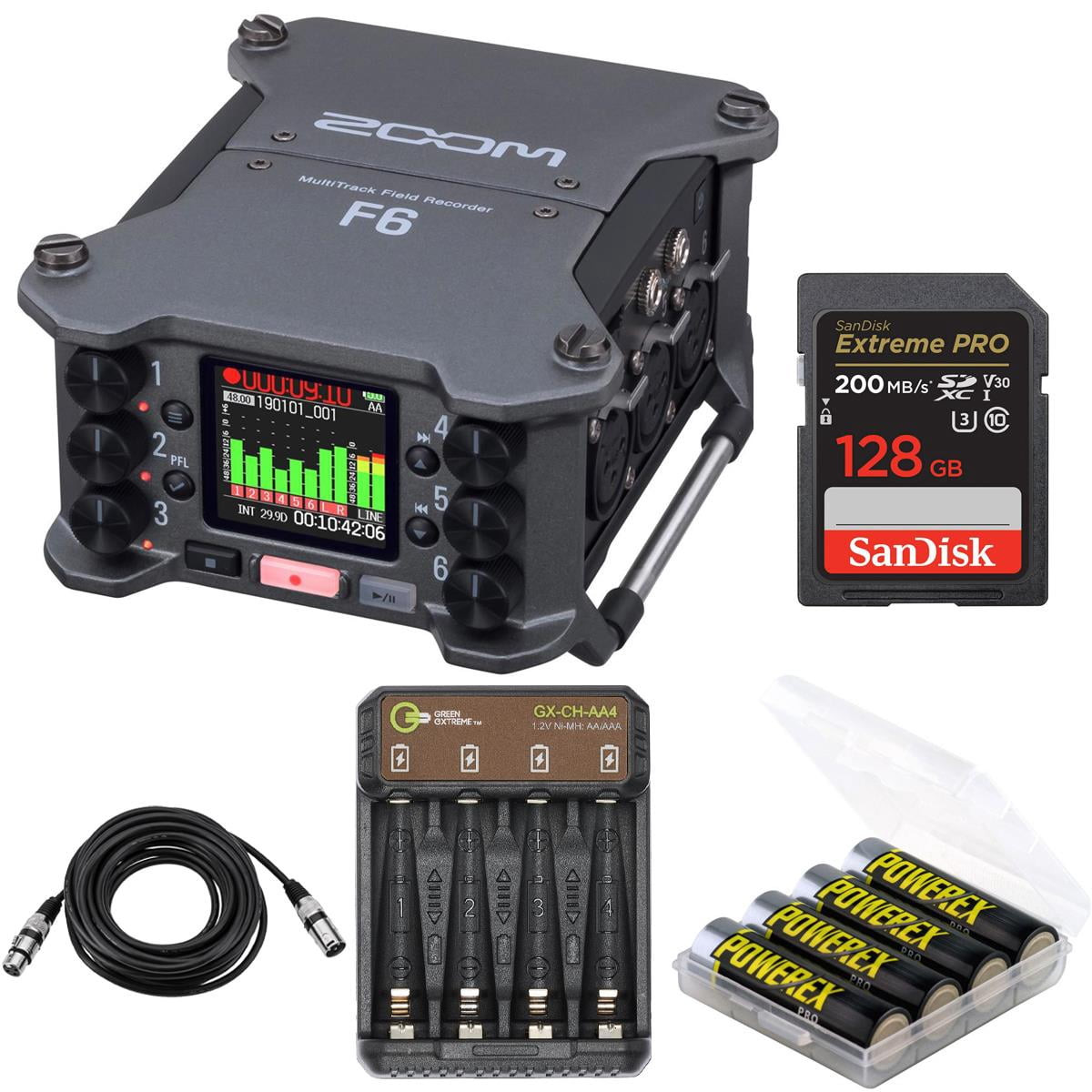 Zoom F6 Multi-Track Field Recorder, Bundle with 128GB SDXC Memory Card, 4x NiMH Battery, 4-Bay Charger and 25' XLR Mic Cable