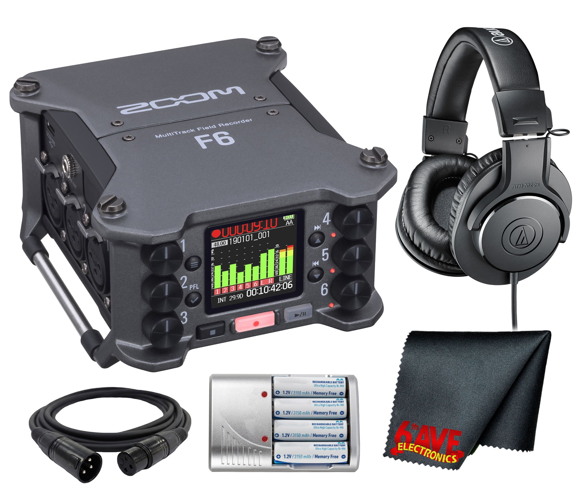 Zoom F6 Multitrack Field Recorder with 32-Bit Float Recording, 6 XLR Inputs, 192kHz Audio, Timecode Sync & SD Card Capture Bundle