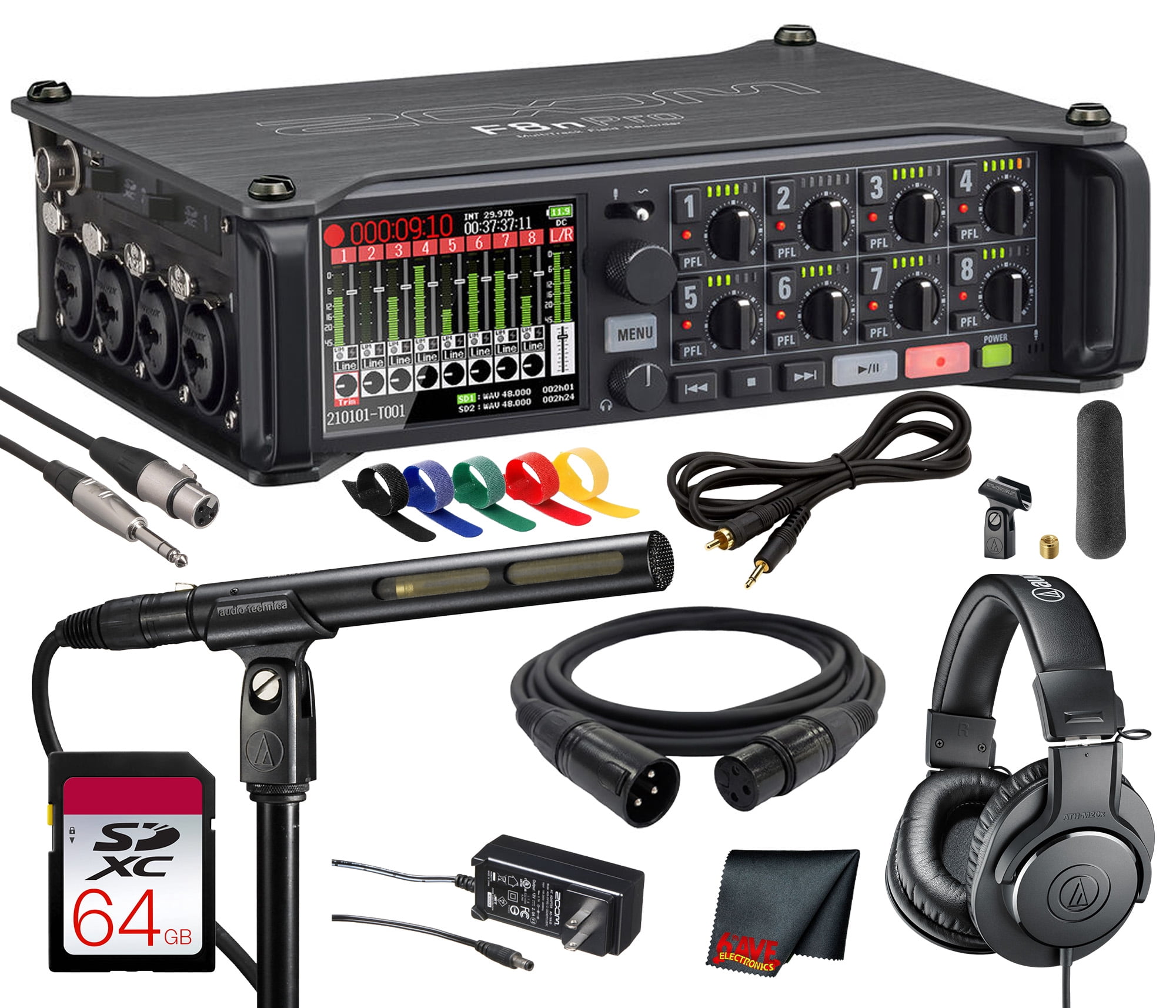 Zoom F8n Pro 8-Input 10-Track Field Recorder, 32-Bit Float Audio, Dual SD Recording, Timecode BNC I/O & Ambisonics Support Bundle