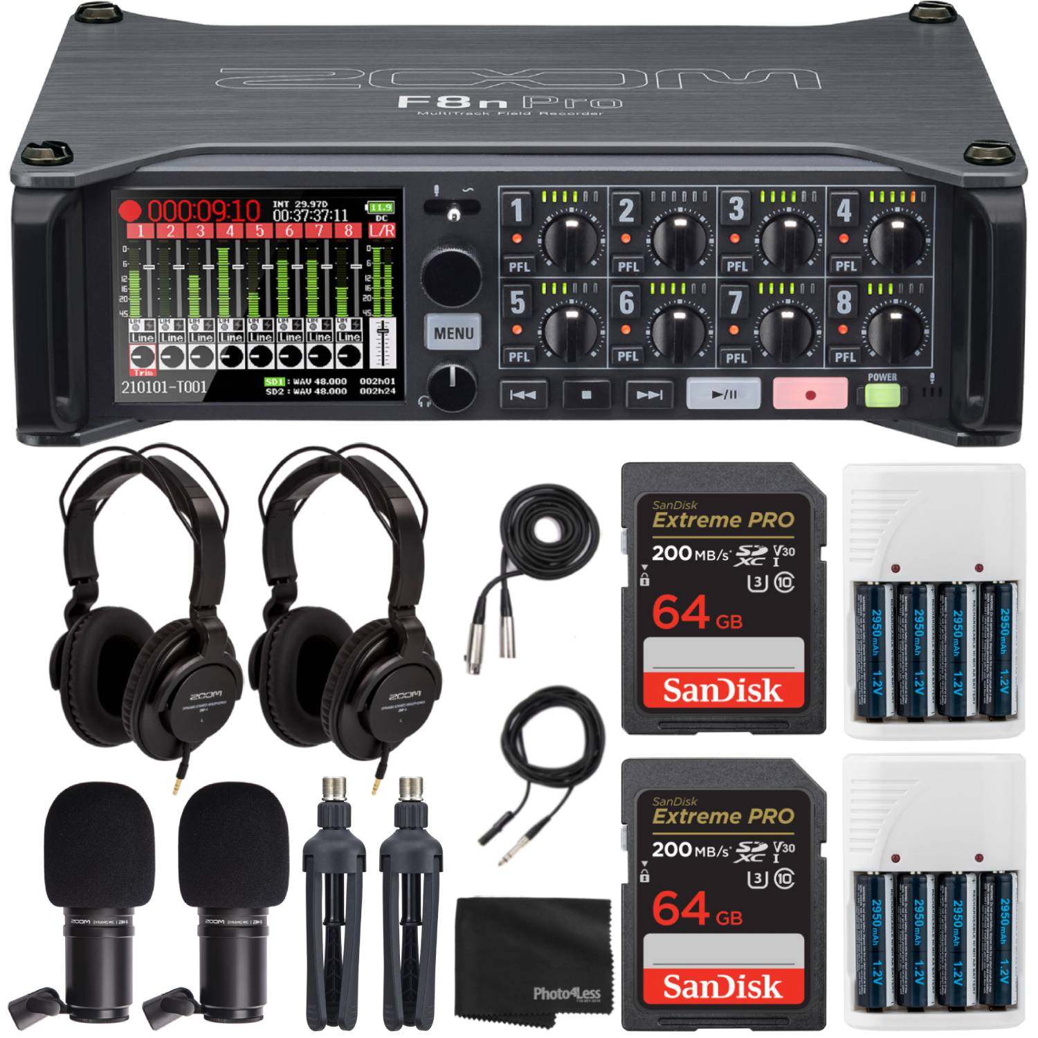 Zoom F8n Pro MultiTrack Field Recorder Bundles with 2x Zoom ZDM-1 Podcast Mic Pack + Batteries + Memory Cards