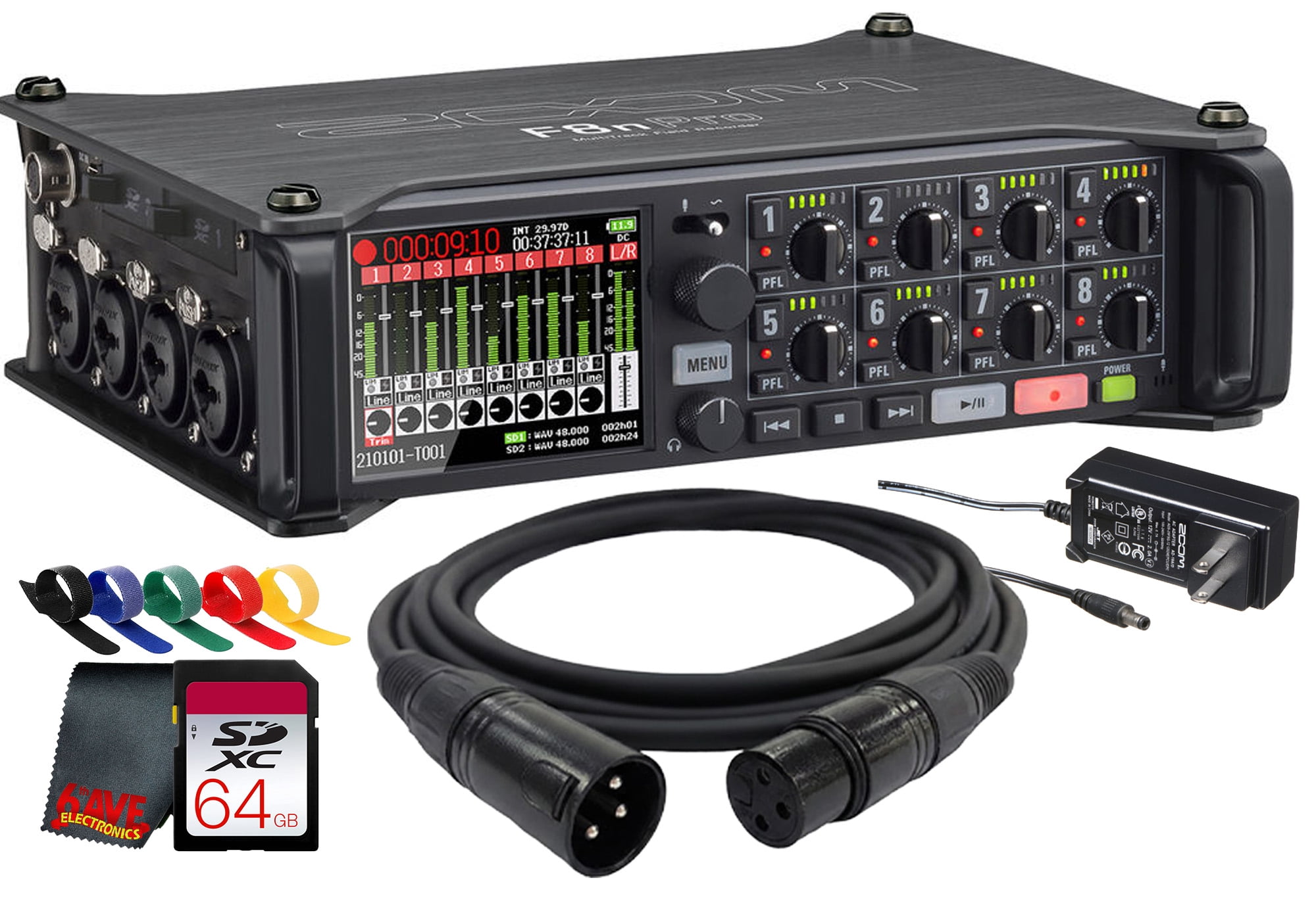 Zoom F8n Pro Professional Field Recorder/Mixer, Audio for Video, 32-bit/192 kHz Recording, 10 Channel Recorder, 8 XLR/TRS Inputs, Timecode, Ambisonics Mode, Battery Powered Bundle