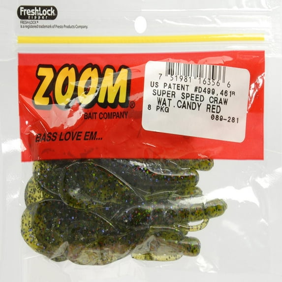 Zoom Fishing Lures 089281 Super Speed Craw 4 Inch 8 Per Pack Watermelon Candy Red