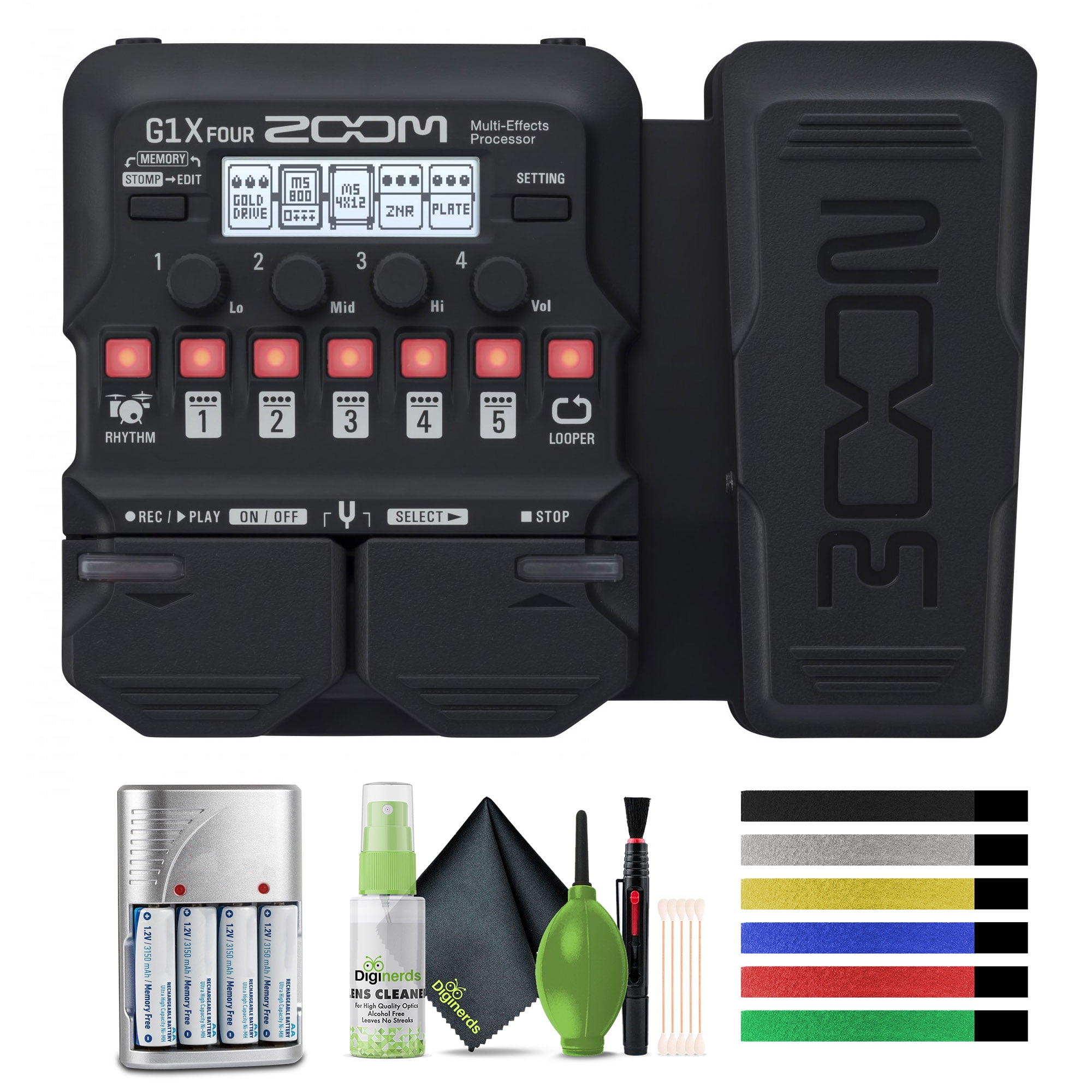 Zoom G1X Four Multi-Effects Pedal + 4x AA Batteries with Charger + Cleaning kit + Wire Ties
