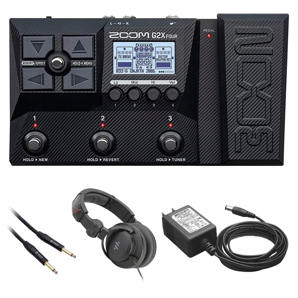 Zoom G2X Four Multi-Effect Guitar Pedal Bundle with Zoom AD-16 9V Power Adapter, Polsen HPC-A30-MK2 Headphones, and 10' Instrument Cable