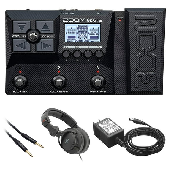 Zoom G2X Four Multi-Effect Guitar Pedal Bundle with Zoom AD-16 9V Power Adapter, Polsen HPC-A30-MK2 Headphones, and 10' Instrument Cable