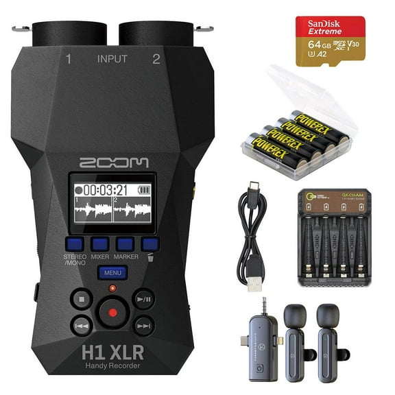 Zoom H1 XLR 32-Bit Float Handy Recorder, Bundle with 64GB UHS-I microSDXC Memory Card with SD Adapter, Wireless Lavalier Mic, 4x AA NiMH Batteries, and 4-Bay Charger