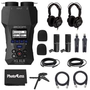 Zoom H1 XLR Handy Recorder, Bundle with 2X Zoom ZDM-1 Podcast Microphones, 2X Headphones, 2X Windscreen, 2X XLR Cable, 2X Tabletop Stand, Table Tripod Hand Grip