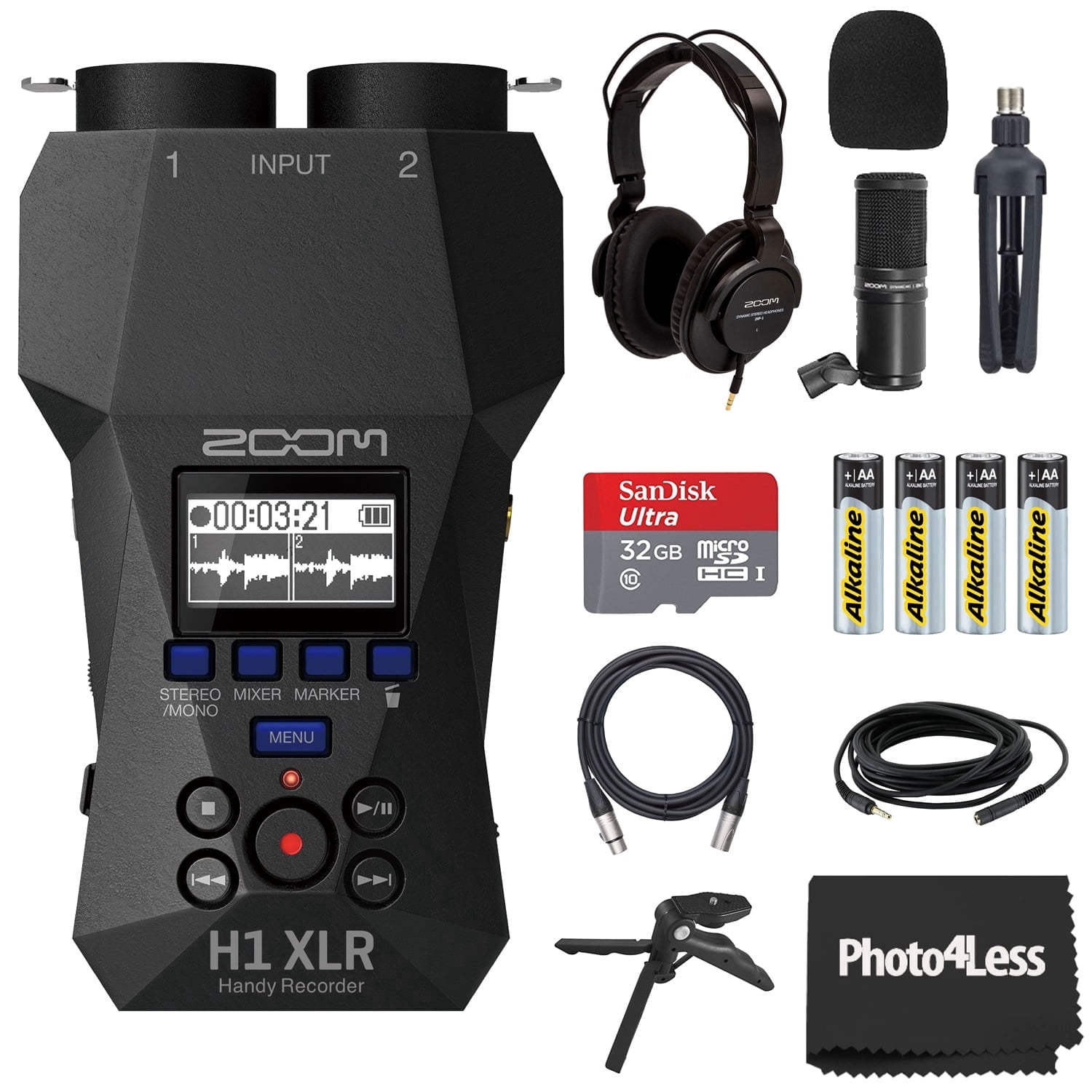 Zoom H1 XLR Handy Recorder, Bundle with Zoom ZDM-1 Podcast Microphone, Headphones, Windscreen, XLR Cable, Tabletop Stand, Tripod Grip, 32GB micro SD Card, AA Batteries (4 Pack)