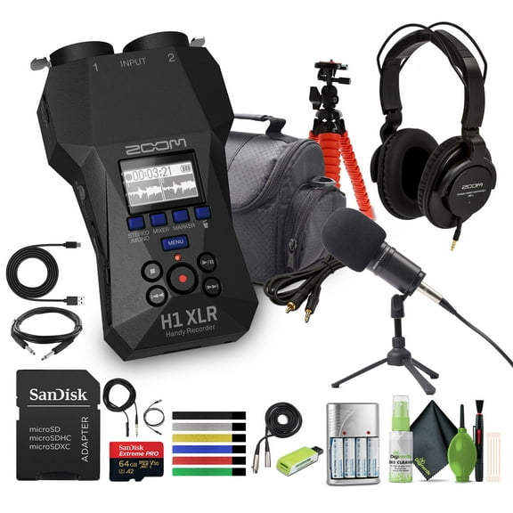 Zoom H1 XLR Portable Audio Recorder for Video Bundle With Zoom ZDM-1 Podcast Mic Pack + Memory Card microSDXC Extreme Pro 64GB + 10ft USB Type A to USB Type C cable - Black + More