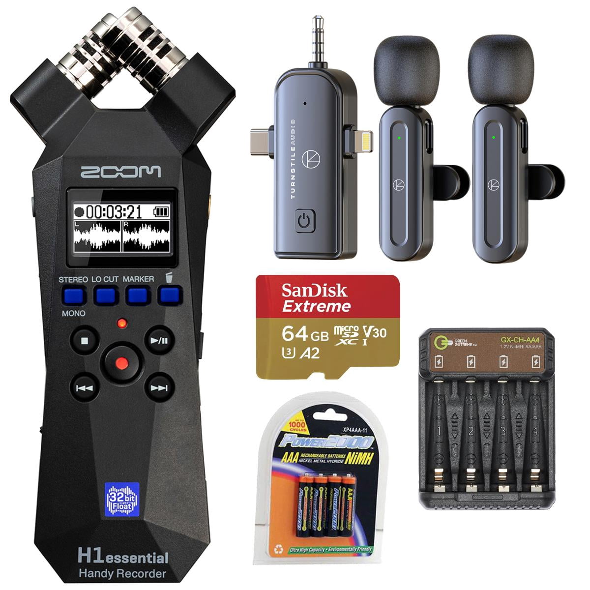 Zoom H1essential 2-Track 32-Bit Float Handy Recorder, Bundle with 3-in-1 Wireless Lavalier Mic, 64GB microSDXC Memory Card, 4x AAA Ni-MH Battery, 4-Bay Charger