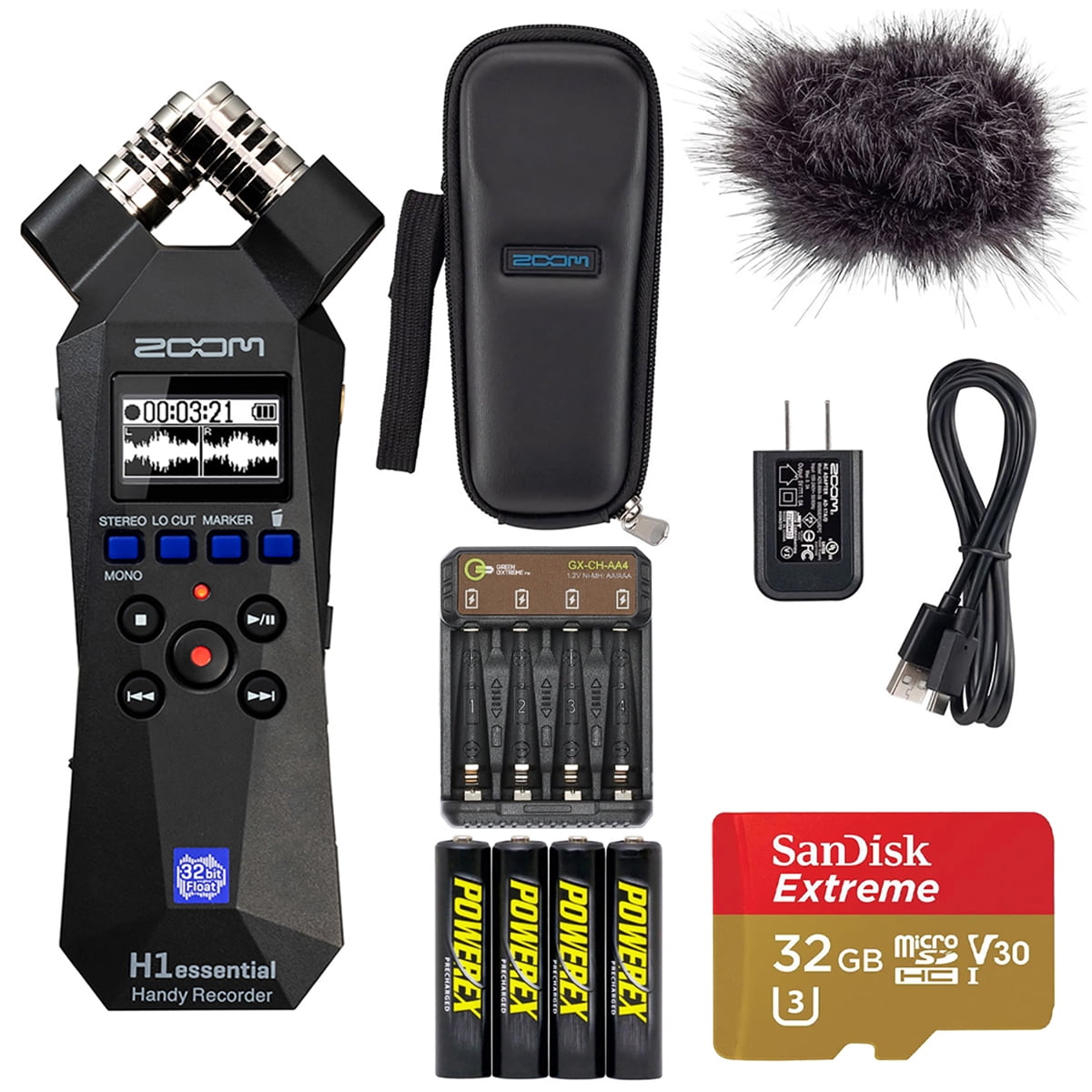 Zoom H1essential 2-Track 32-Bit Float Handy Recorder, Bundle with APH-1E Accessory Pack, 32GB Memory Card, 4x AAA NiMH Battery, 4-Bay Charger