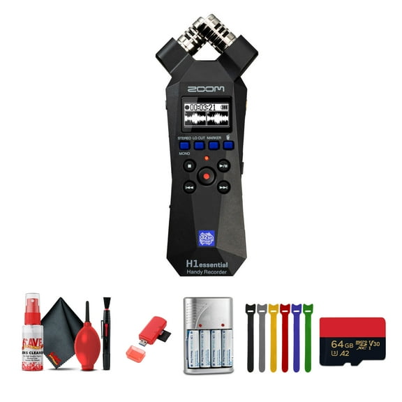 Zoom H1essential 2-Track 32-Bit Float Portable Audio Recorder Bundle With Extreme Pro 64GB microSDXC Memory Card + Cleaning kit + 6 Pack Wire Straps + USB Card Reader