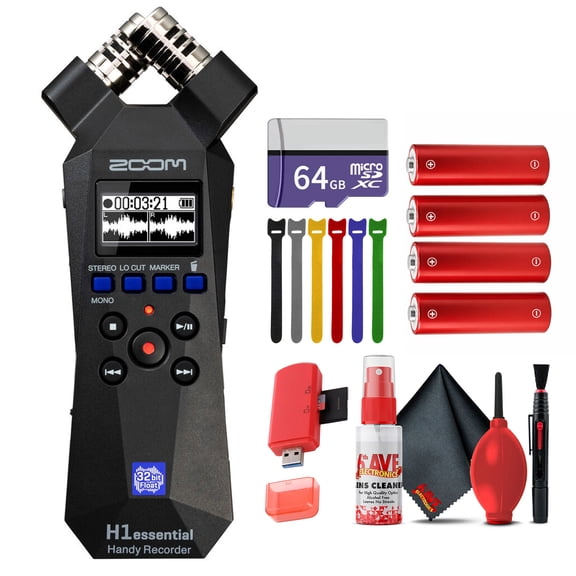 Zoom H1essential 2-Track 32-Bit Float Portable Audio Recorder Bundle With Extreme Pro 64GB microSDXC Memory Card + Cleaning kit + 6 Pack Wire Straps + USB Card Reader